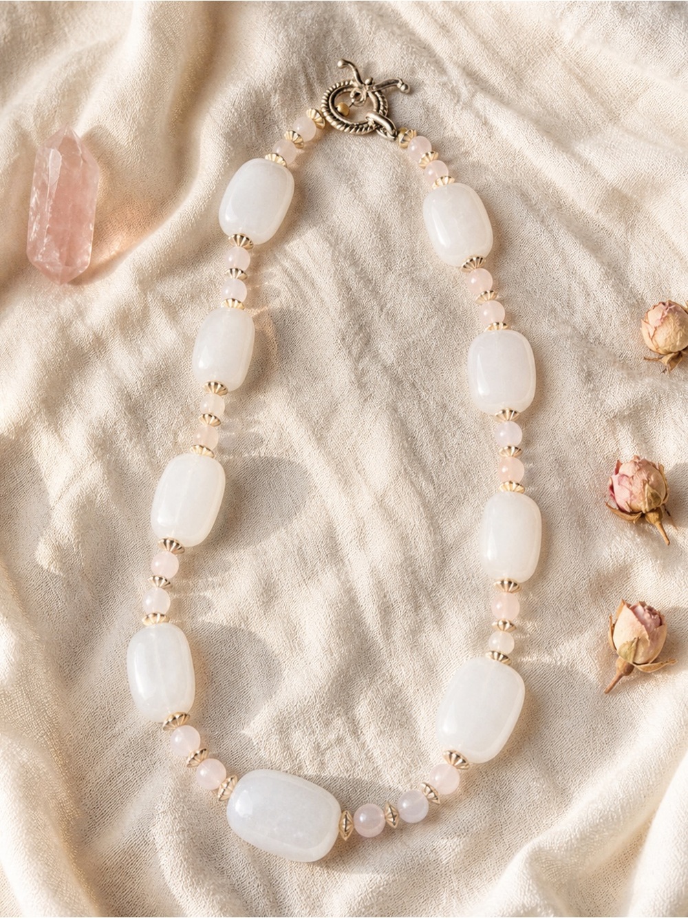 Natural Rose Quartz Milky Quartz Chunky Nugget Bead Necklace Toggle Artisan